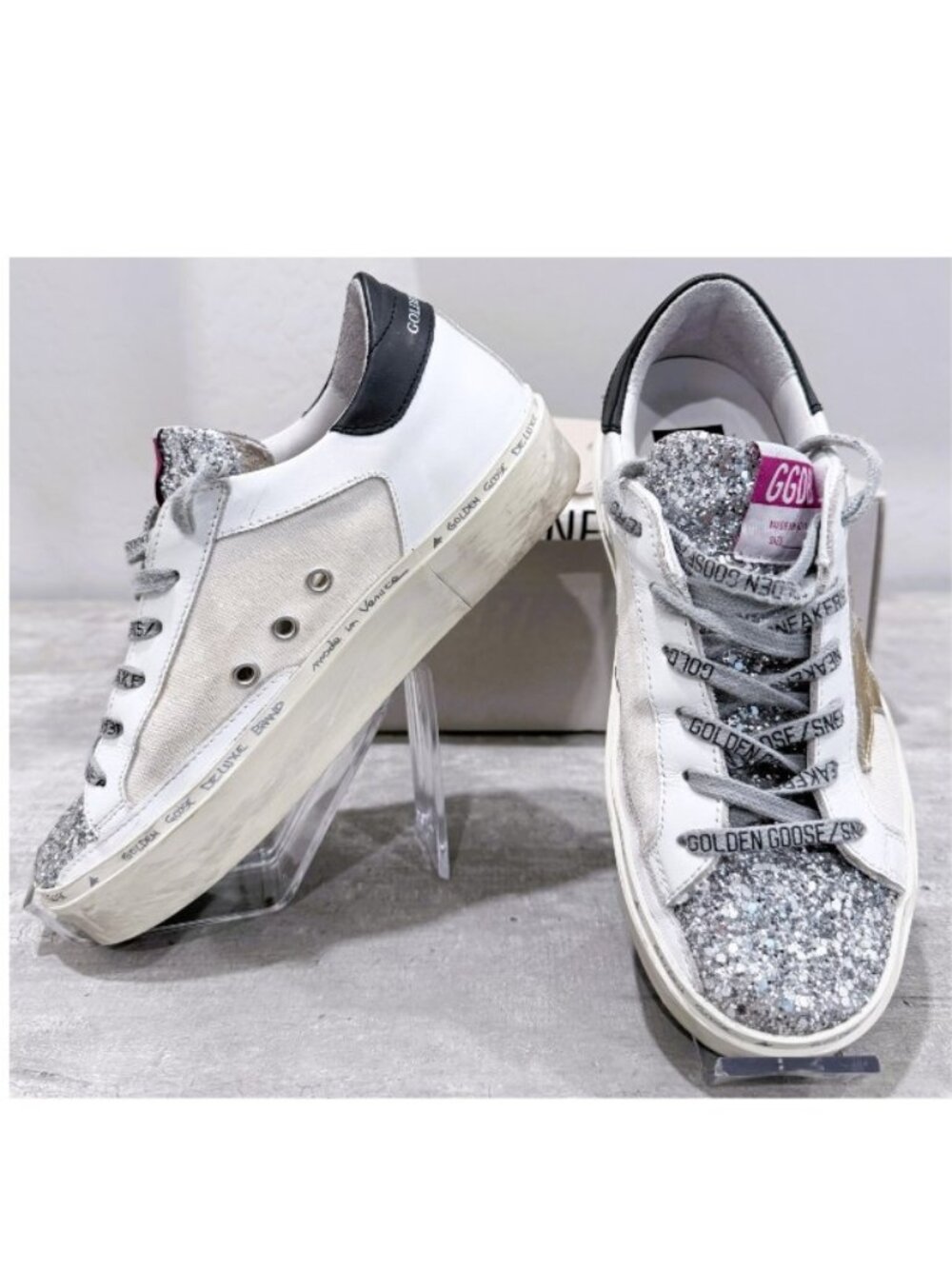 Golden Goose Hi Star Glitter Leather Canvas Sneakers Size 36 - Picture 3 of 12